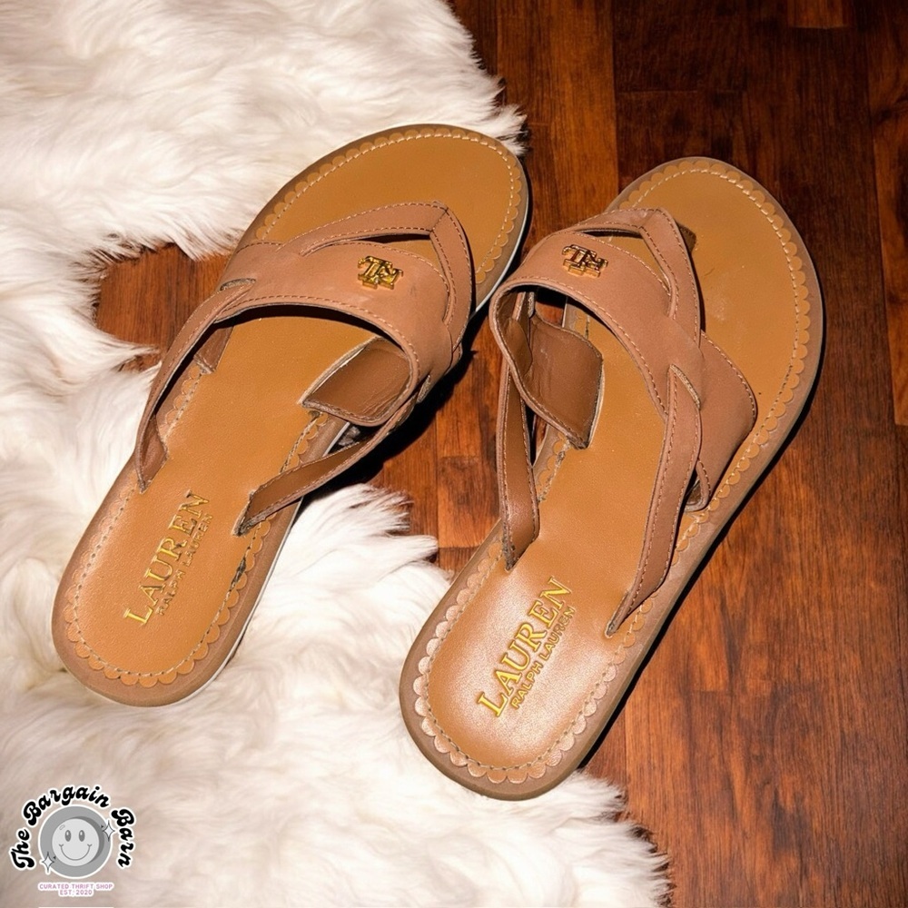 Y2K Lauren Ralph Lauren Women’s Leather Thong Sandals Tan Brown Logo (Size 7) - Picture 2 of 3
